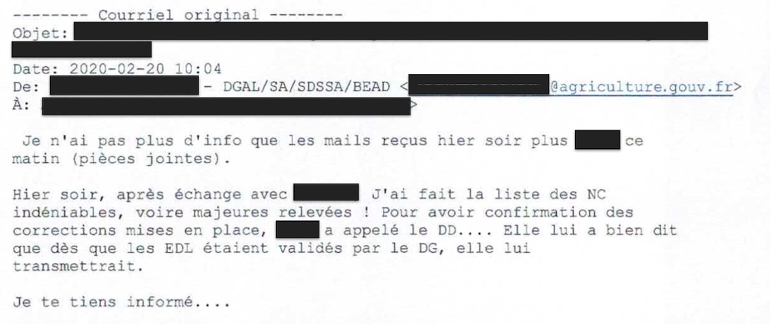 Capture d'écran d'un mail interne des services de l'État