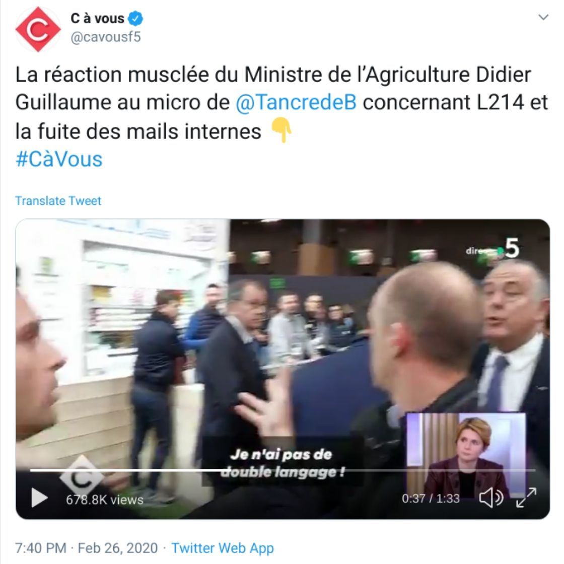 Tweet de C à vous sur la réaction musclée du ministre de l'Agriculture concernant L214 et la fuite des mails internes