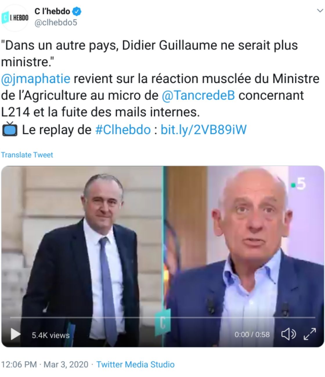 Tweet de C L'hebdo à propos du ministre de l'Agriculture